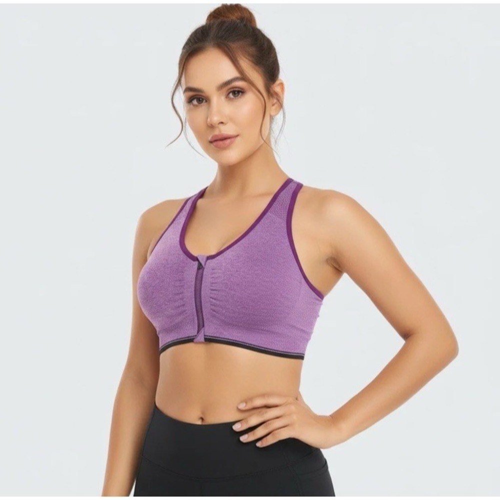 Wanayou Front Zip Sports Bra Purple Racerback High Impact Wireless Medium Gym
